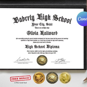 Diploma GED exclusivo con sello dorado, plantilla totalmente editable en Canva, diploma universitario, diploma de educación en el hogar, diploma de escuela secundaria imprimible