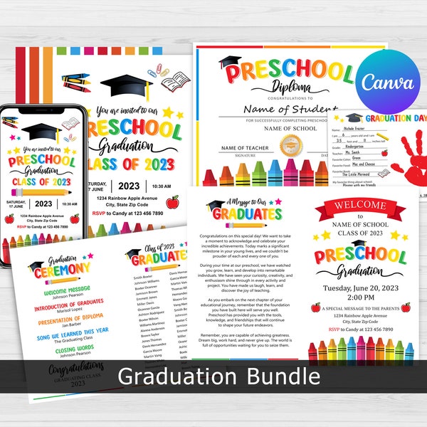Preschool Graduation Bundle, Graduation Invitation, Graduation Program, Electronic Template, Preschool Diploma, Handprint art, Canva