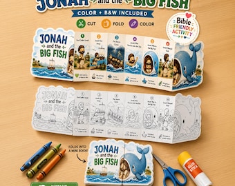 Jonah and the Big Fish Folding Surprise Craft, Bible Printable Activity for Kids, Sunday School, VBS, Homeschool, Color, BW, Folding Craft