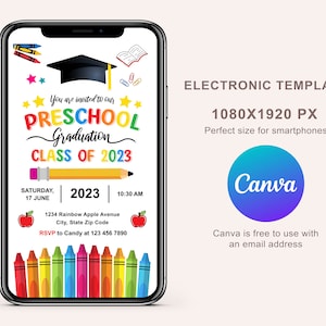 Puede incluir: La pantalla de un tel&eacute;fono inteligente que muestra una invitaci&oacute;n colorida para una ceremonia de graduaci&oacute;n de preescolar. La invitaci&oacute;n presenta un gorro de graduaci&oacute;n, l&aacute;pices y manzanas. El texto dice "Est&aacute;s invitado a nuestra Graduaci&oacute;n de Preescolar Clase de 2023" e incluye la fecha, la hora y el lugar del evento.