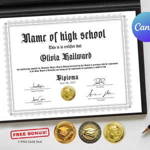 Exclusive GED Diploma with Gold Seal Fully Editable Template in Canva, College Diploma, Home School Diploma, Printable High School Diploma