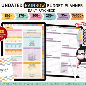 May include: A digital planner with a rainbow color scheme. The planner is open to a page labeled "01 MAY PAYCHECK". The planner includes sections for budgeting, savings, and expenses. The planner is designed for use with iPad and Android tablets. The planner includes 510+ pages, 370+ finance stickers, 500+ digital stickers, 250+ printable calendars, 35+ paper notes, and 36,000+ hyperlinks.