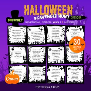 Könnte beinhalten: Ein Halloween-Schnitzeljagdspiel mit 30 bearbeitbaren Hinweisen, vor einem lila Hintergrund mit gruseligen Illustrationen. Das Spiel enthält 6 leere Karten und ist für Jugendliche und Erwachsene konzipiert. Der Text enthält "Halloween Scavenger Hunt Outdoor" und "Instant Download - Editable by Canva".