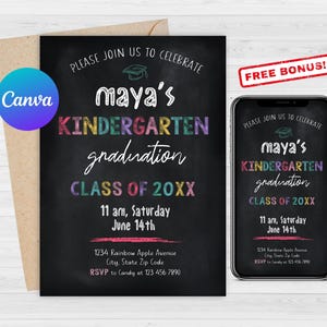 Editable Kindergarten Graduation Invitation, Kindergarten Announcement Party Invite, Kindergarten Electronic Template, Canva, Chalkboard