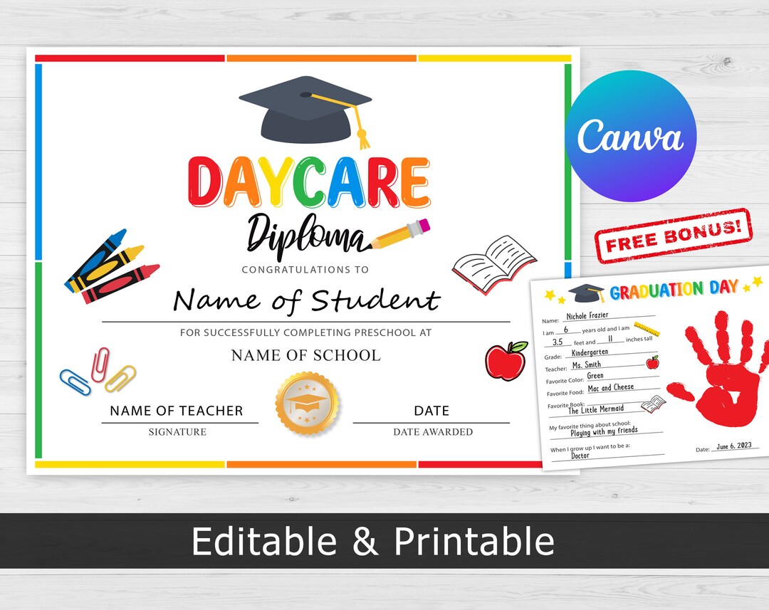 Daycare Graduation Certificate, Daycare Diploma, Daycare Certificate ...