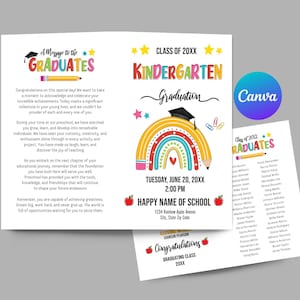 May include: A colorful graduation invitation for kindergarten students. The invitation features a rainbow pencil with a graduation cap on top, a yellow star, and the text "Class of 20XX Kindergarten Graduation". The date and time of the event are listed as "Tuesday, June 20, 20XX, 2:00 PM". The name of the school is "Happy Name of School" with the address "1234 Rainbow Apple Avenue, City, State Zip Code".