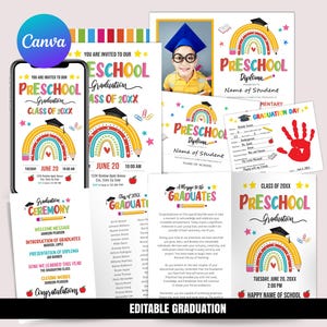 Paquete de graduación preescolar, invitación de graduación, programa de graduación, plantilla electrónica, diploma preescolar, arte con huella de mano, Canva