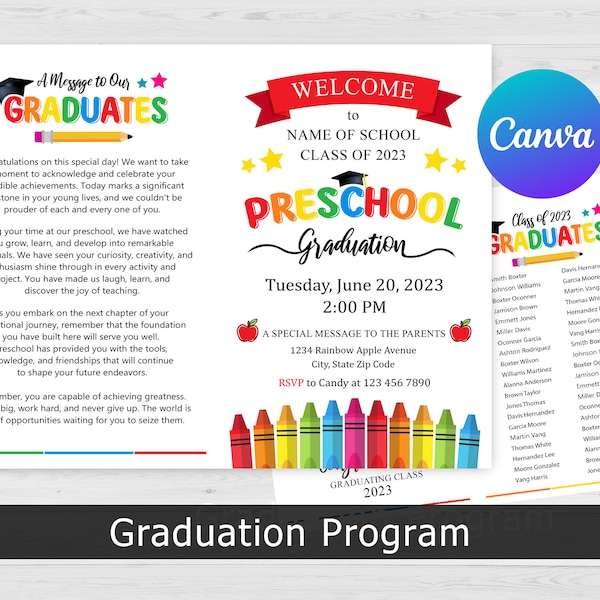 Preschool Graduation, Editable Preschool Graduation Program, Preschool Grad, Preschool Graduation Ceremony, Canva Template, DIY Editable