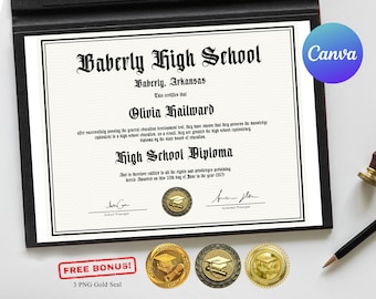 Homeschool Diploma with Gold Seal Template in Canva, College Diploma, High School Graduation Certificate Template, Editable Instant Download