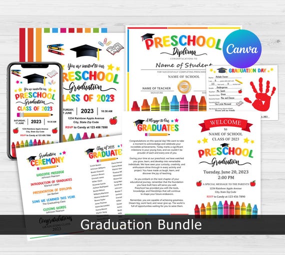 Preschool Graduation Bundle, Graduation Invitation, Graduation Program, Electronic Template, Preschool Diploma, Handprint art, Canva
