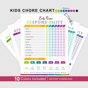 Responsibility Chore Chart for Kids Includes 10 colors, Editable Daily Weekly Routine Reward System, Personalized Printable To Do List PDF