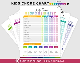 May include: Printable chore chart for kids with a rainbow color scheme. The chart includes daily and weekly responsibilities, with a section for "You Can Do It!" and a space for the child's name. The chart is designed to help children learn responsibility and develop good habits.