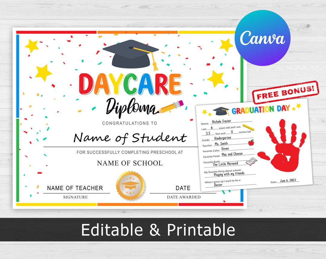Daycare Graduation Certificate, Daycare Diploma, Daycare Certificate ...