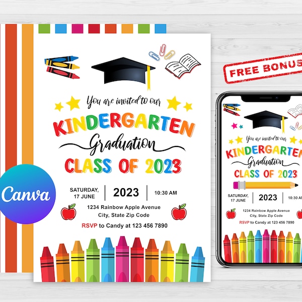 Editable Kindergarten Graduation Invitation, Kindergarten Announcement Party Invite, Kindergarten Electronic Template, Canva Template 2024