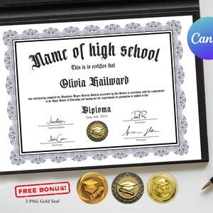 Diploma universitario editable con sello dorado Diploma escolar en casa imprimible, certificado de graduación universitaria, plantilla de certificado personalizable
