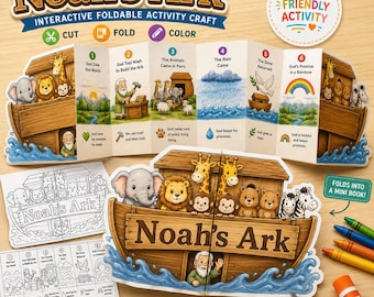 Noah's Ark Craft Printable, Bible Story Activity for Kids, Sunday School Craft, VBS, Homeschool, Christian Coloring, folding surprise craft
