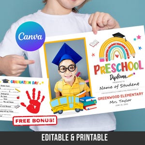 Vorschulabschluss mit Foto, Vorschul-Diplom, Vorschul-Zertifikat, Lehrerressourcen, anpassbares Zertifikat, Canva