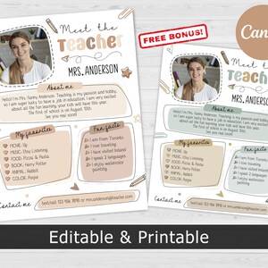 Plantilla editable Boho Classic Meet The Teacher Plantilla editable de Canva del paquete de maestros Carta de regreso a la escuela, Edición del boletín de clase