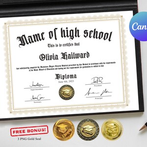 Editable Template on Canva, Printable Certificate With Gold Seal, High School Diploma, Customize Certificate Template, Home School Diploma