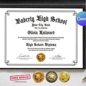 Editable Template on Canva, Printable Certificate With Gold Seal, High School Diploma, Customize Certificate Template, Home School Diploma
