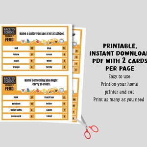 May include: Printable Back to School Friendly Feud game cards. The cards have questions about school, with answers and point values. The text on the image says "Printable, Instant Download PDF with 2 cards per page."