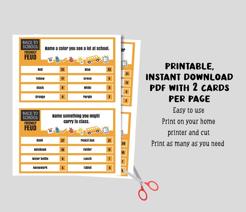 May include: Printable Back to School Friendly Feud game cards. The cards have questions about school, with answers and point values. The text on the image says "Printable, Instant Download PDF with 2 cards per page."