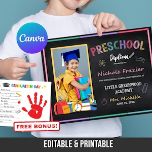 Certificado de graduación de preescolar con foto, diploma de preescolar, certificado de preescolar, recursos para docentes, certificado personalizable, Canva