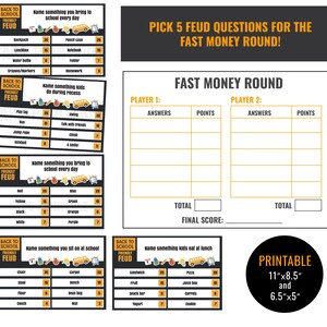May include: Printable Back to School Friendly Feud game with multiple question cards and a Fast Money Round sheet. The game includes questions about school supplies, recess activities, colors, and lunch items. The printable is 11"x8.5" and 6.5"x5".