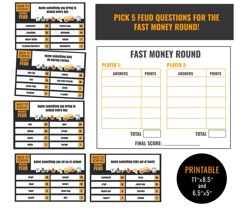 May include: Printable Back to School Friendly Feud game with multiple question cards and a Fast Money Round sheet. The game includes questions about school supplies, recess activities, colors, and lunch items. The printable is 11"x8.5" and 6.5"x5".
