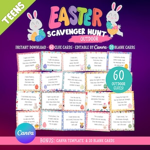 Búsqueda del tesoro de Pascua para adolescentes, búsqueda del tesoro de Pascua para adolescentes, búsqueda de huevos de Pascua imprimible, Pascua difícil para adolescentes, juego al aire libre, plantilla de Canva