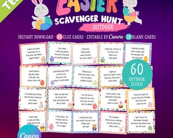 Easter Scavenger Hunt For Teens, Teens Easter Treasure Hunt, Printable Easter Egg Hunt, Difficult Teen Easter, Outdoor Game, Canva Template
