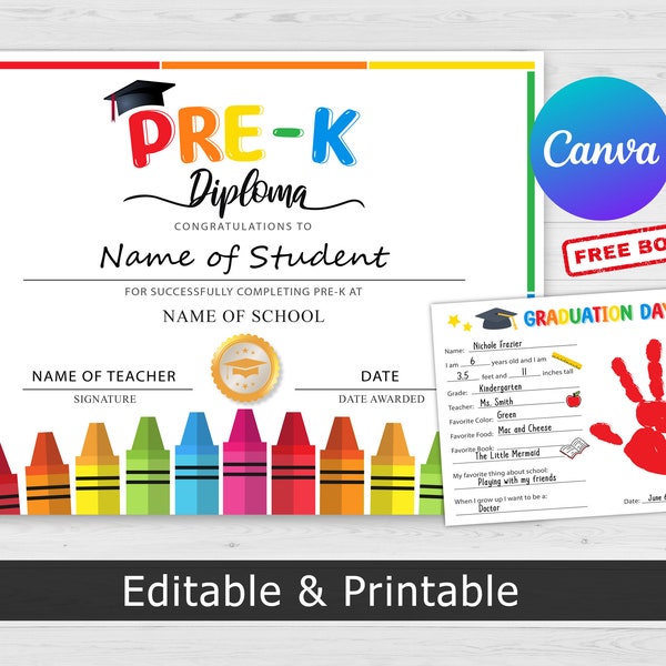 Pre-K Graduation Certificate, PreK Diploma, Pre-K Certificate, Teacher Resources, Customizable Certificate Template