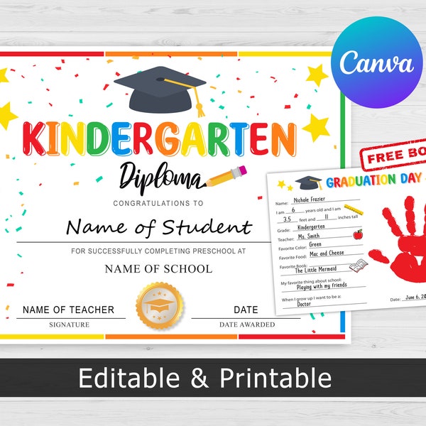 Kindergarten Graduation Certificate, Kindergarten Diploma, Kindergarten Certificate, Teacher Resources, Customizable Certificate Template