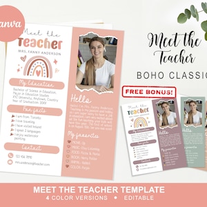 Plantilla editable clásica de oro rosa Meet The Teacher Plantilla editable de Canva del paquete de maestros Carta de regreso a la escuela, Edición de boletín de clase