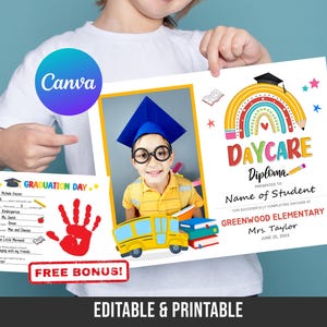 Diploma de guardería editable con foto, Certificado de guardería, Recursos para docentes, Plantilla de certificado de graduación personalizable, Clase de 2025