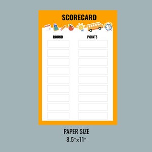 May include: Scorecard with an orange border and a gray background. The top of the scorecard has the word "SCORECARD" in bold black letters. The scorecard has the words "ROUND" and "POINTS" above the blank spaces. The paper size is 8.5" x 11".