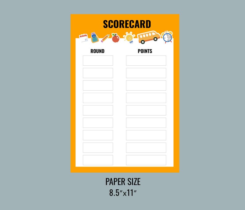 May include: Scorecard with an orange border and a gray background. The top of the scorecard has the word "SCORECARD" in bold black letters. The scorecard has the words "ROUND" and "POINTS" above the blank spaces. The paper size is 8.5" x 11".