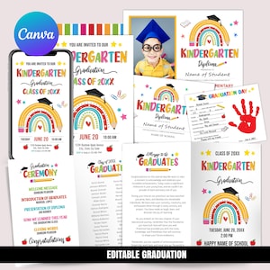 Kindergarten Graduation Bundle, Einladung zum Abschluss, Abschlussprogramm, Digitale Vorlage, Kindergartendiplom, Handprint Kunst, Canva