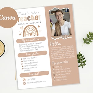 Color beige editable Plantilla Canva de Meet The Teacher Carta de regreso a la escuela Edición de boletín, Carta de bienvenida editable
