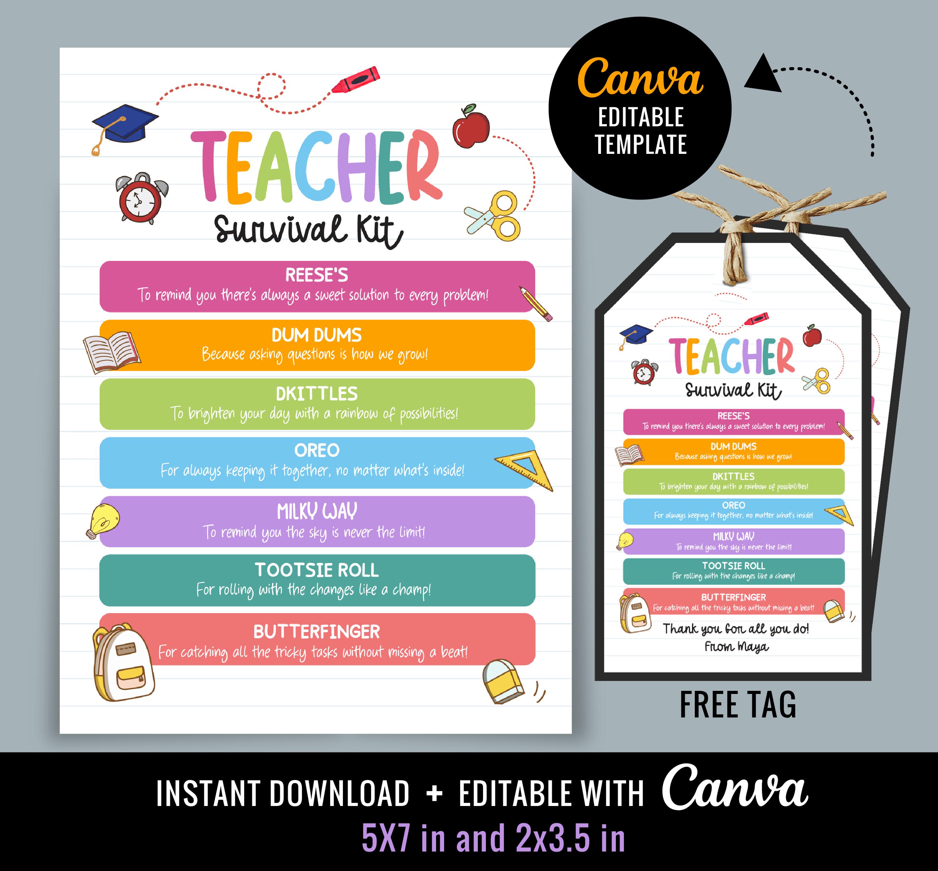 EDITABLE Teacher Survival Kit, Gift PTO PTA, Teacher Gift Tags, End of School, Back To School Gift Tag, Instant Download, Canva Template