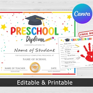 Vorschul-Abschlusszertifikat, Vorschul-Diplom, Vorschul-Zertifikat, Lehrerressourcen, anpassbare Zertifikatsvorlage, Canva