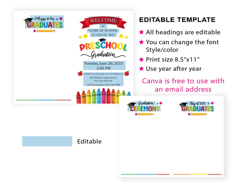 Preschool Graduation Bundle, Graduation Invitation, Graduation Program, Electronic Template, Preschool Diploma, Handprint art, Canva