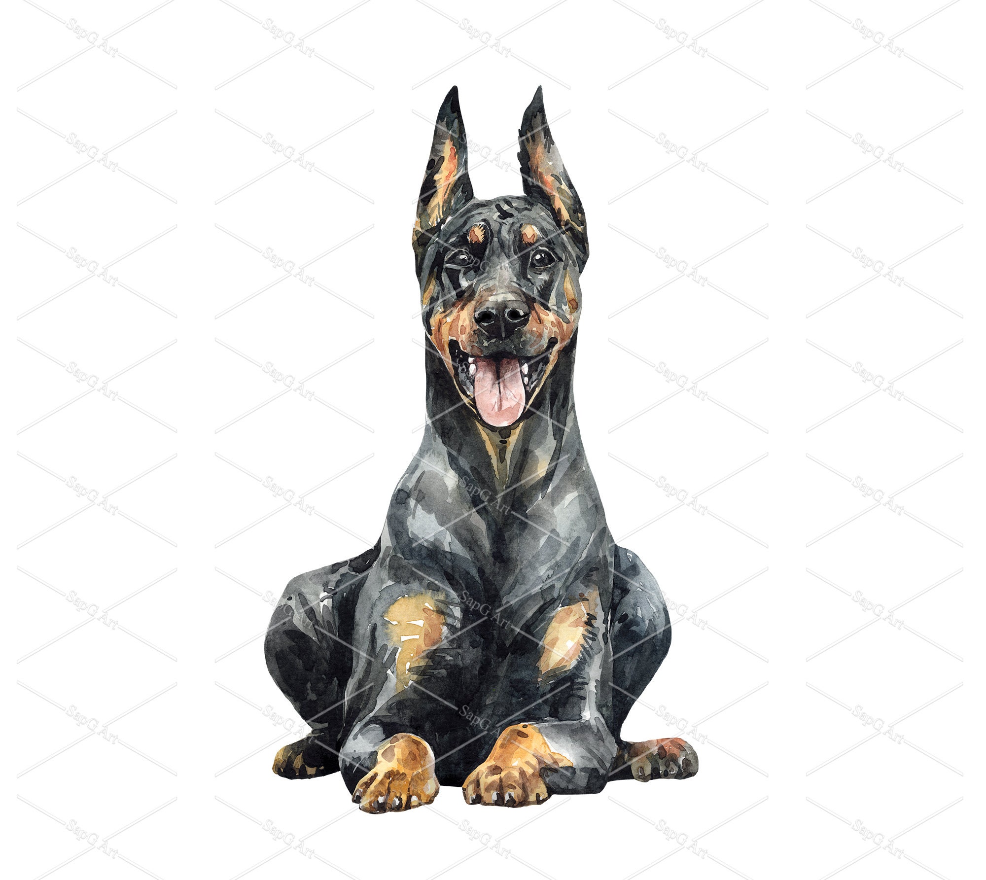 Watercolor Doberman Dog Drawing. Black Doberman Layer Path Etsy