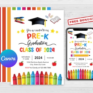 Bewerkbare Pre-K-afstudeeruitnodiging, PreK-aankondigingsuitnodiging, Pre-K elektronische sjabloon, elektronische Canva-uitnodigingsceremonie afstudeerceremonie