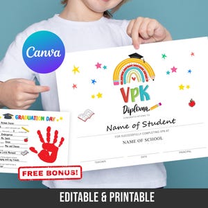 Bearbeitbares VPK-Diplom mit Foto, VPK-Zertifikat, VPK-Diplom, VPK-Zertifikat, Lehrerressourcen, benutzerdefiniertes Zertifikat Canva-Vorlage.