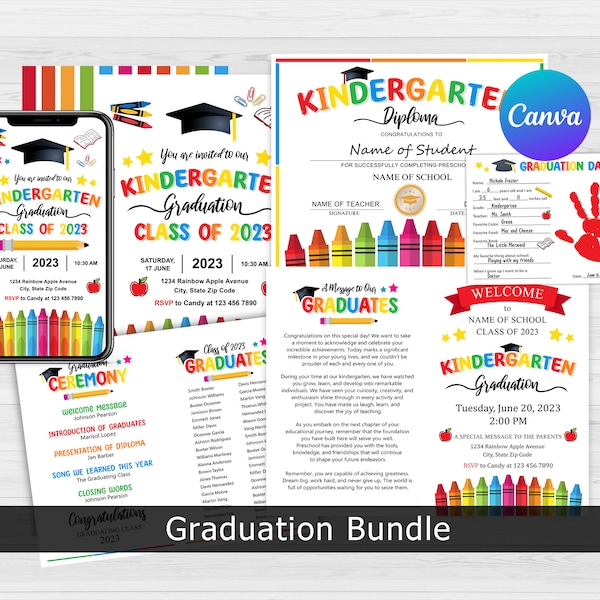 Kindergarten Graduation Bundle, Graduation Invitation, Graduation Program, Electronic Template, Kindergarten Diploma, Handprint art, Canva