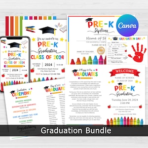 Pre-K Abschluss-Bundle, Abschluss-Einladung, Abschluss-Programm, elektronische Vorlage, PreK-Diplom, Handabdruckkunst, Canva Editable
