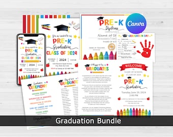 May include: A printable graduation bundle for a preschool or kindergarten class. The bundle includes a diploma, welcome sign, invitation, and program. The design features colorful crayons, stars, and apples.