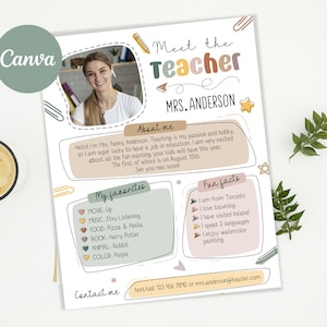Plantilla editable de Meet The Teacher, plantilla bohemia editable, plantilla de Canva para maestros, carta de regreso a clases para estudiantes/padres, nota, carta de bienvenida