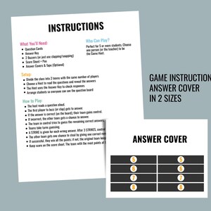 May include: Game instructions and answer cover in two sizes. The instructions list what you'll need, who can play, setup, and how to play. The answer cover has a grid with numbers 5, 6, 7, and 8.